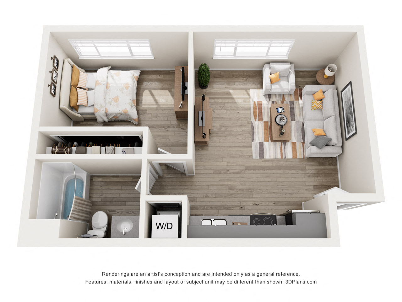Floor plan for 1 bed, 1 bath, 600 sqft